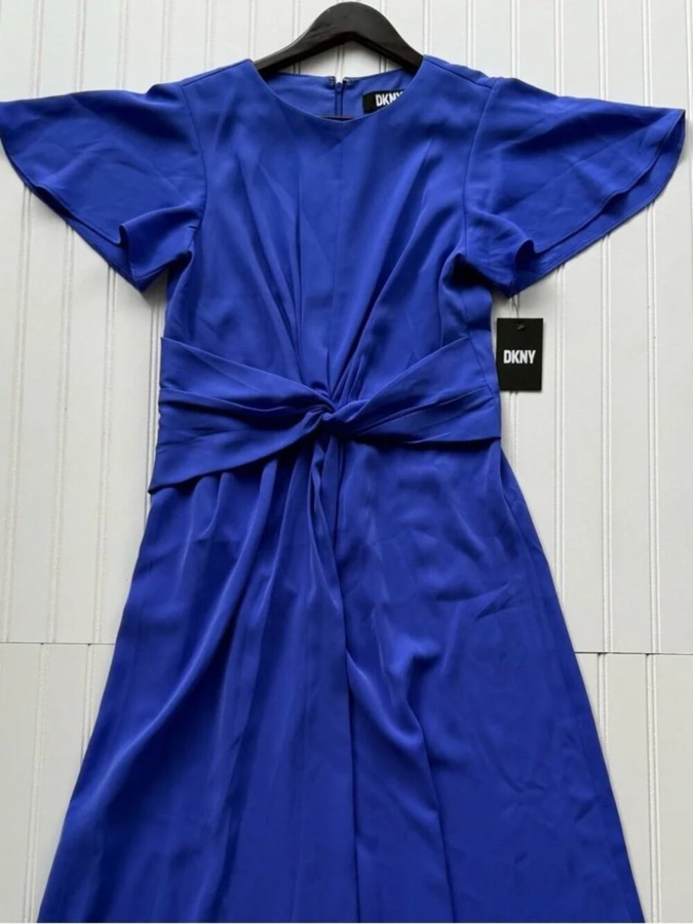 DKNY Blue Wrap Midi Dress – Ruffle Tie Front | Flutter Sleeve | NWT | Size 4